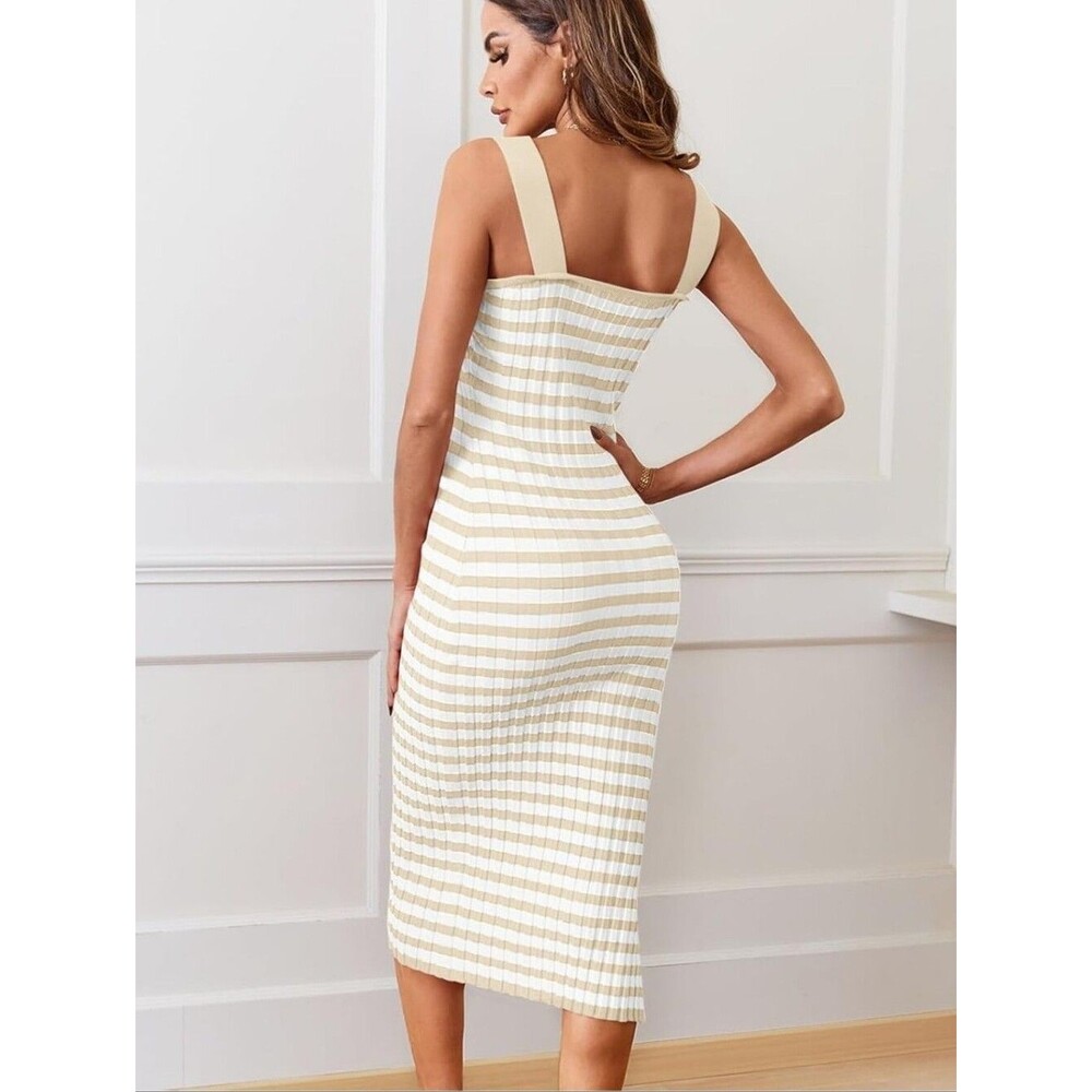 Merokeety Stretchy Knit Cream & Tan Striped Maxi Dress, Square Neckline, XS - Picture 3 of 12